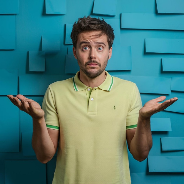 Photo a man in a yellow shirt stands in front of a blue wall with a man in a yellow shirt