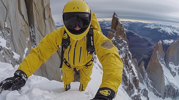 Man in Yellow Suit Climbing Mountain