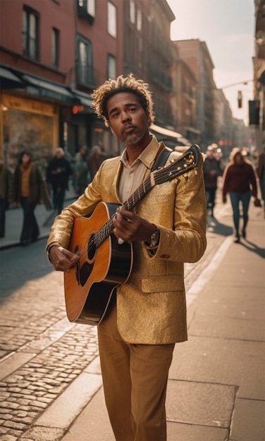 a man in a yellow suit playing a guitar