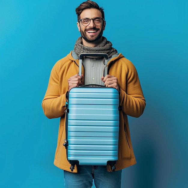 Photo a man in a yellow sweater holds a suitcase with a blue background