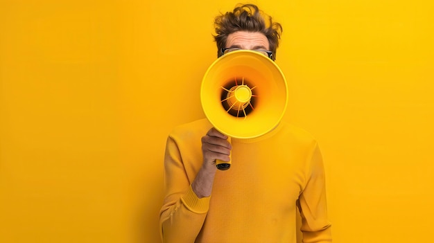 Man in Yellow Sweater Yelling Through Megaphone Against Yellow Background