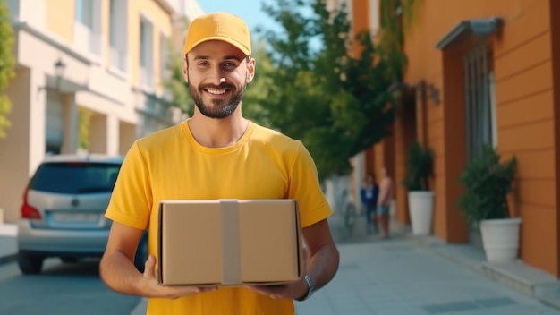 A man in a yellow uniform with a cap holds a craft box with an order in his hands The courier carries the order to customers Delivery service courier or delivery man Generative AI