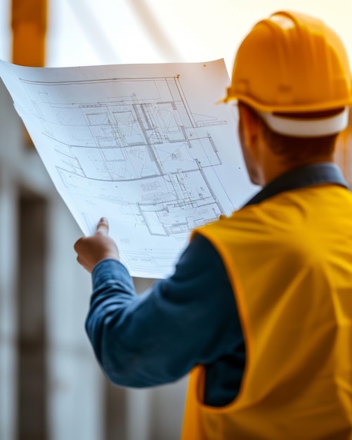 Man in a Yellow Vest Holding a Blueprint