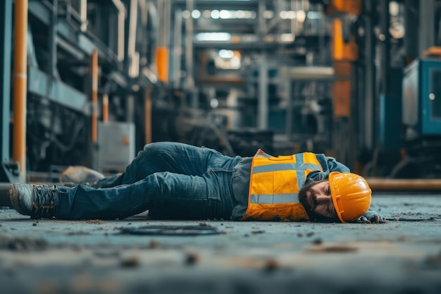 Photo a man in a yellow vest is laying on the ground generative ai image