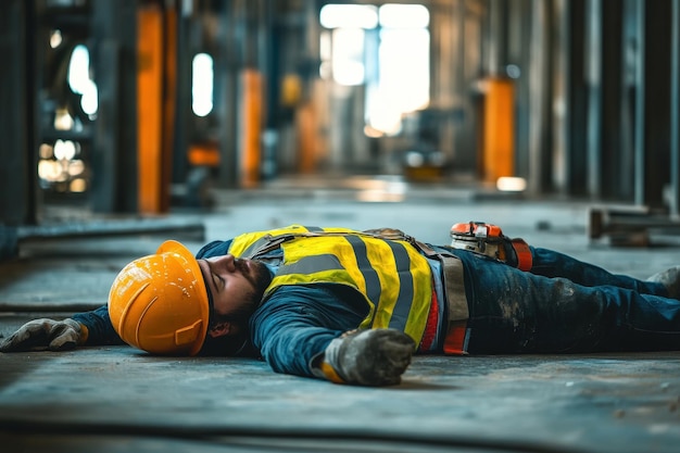 Photo a man in a yellow vest is laying on the ground generative ai image