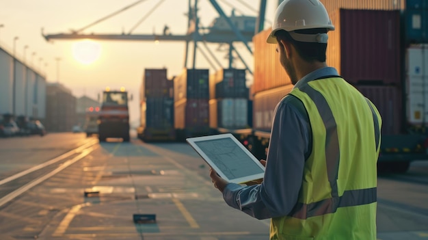 Photo a man in a yellow vest is looking at a tablet while standing on a road