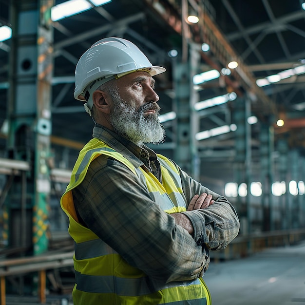 a man in a yellow vest stands in a warehouse with his arms crossed