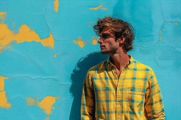 Man in yellow and yellow plaid shirt over blue wall