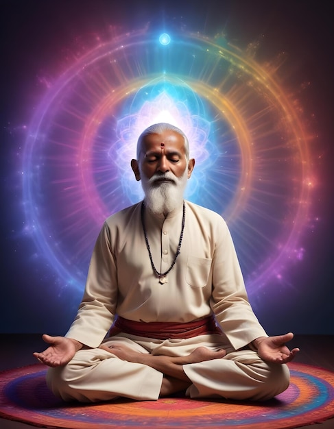 a man in a yoga pose in front of a rainbow colored background