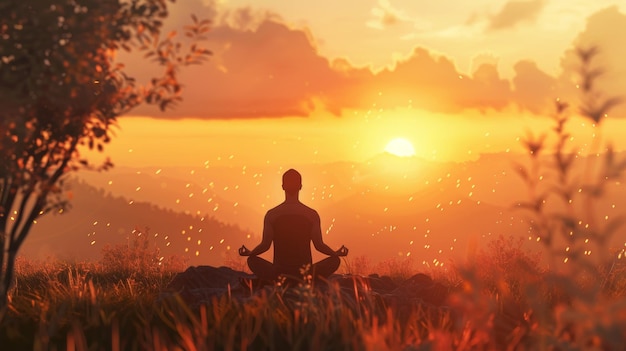 Man in yoga pose meditating at serene sunset practicing zen in peaceful natural setting