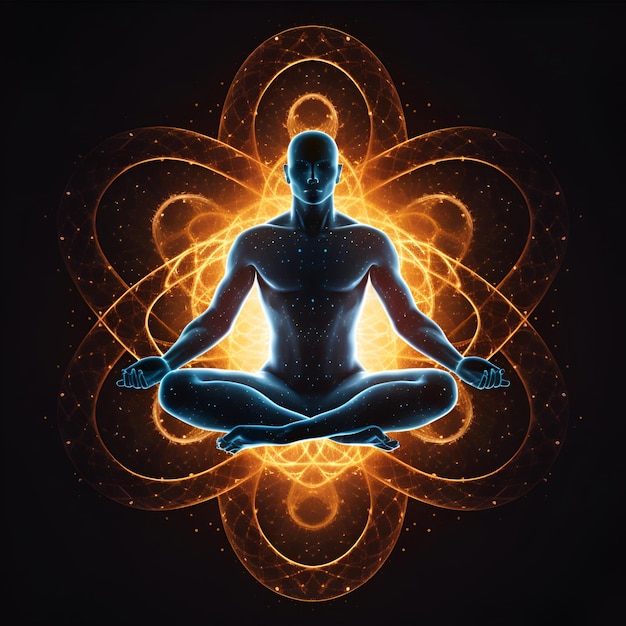 a man in a yoga pose with a black background with a man in a lotus position