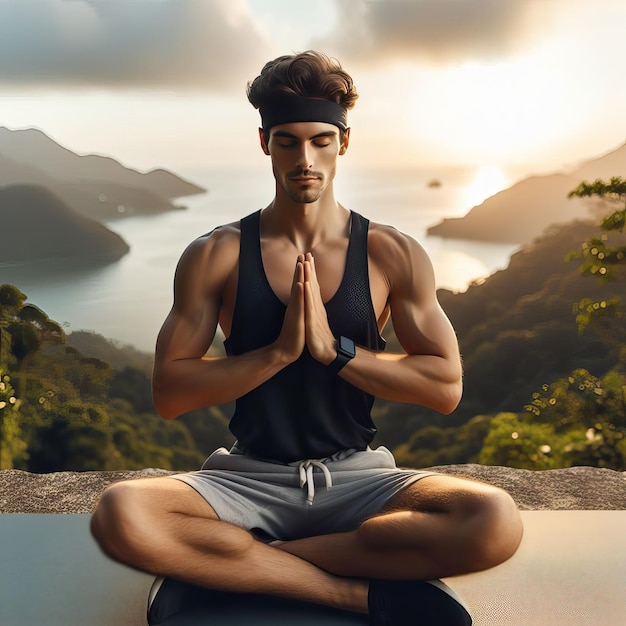 Photo a man in a yoga pose with mountains in the background