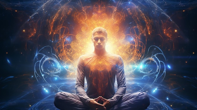 a man in a yoga pose with the universe behind him