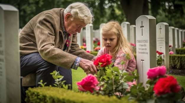 A man and a young girl are laying on a grave.