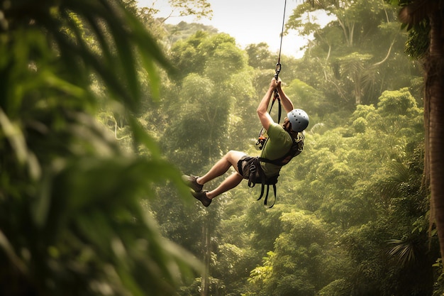 A man zipping through a jungle