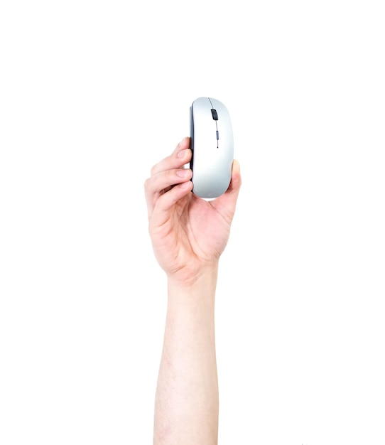 Man39s arm raised holding a PC mouse Technology concept Isolate on white background