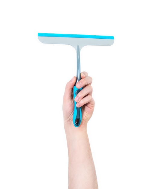 Man39s arm raised holding a squeegee Hygiene concept Isolate on white background