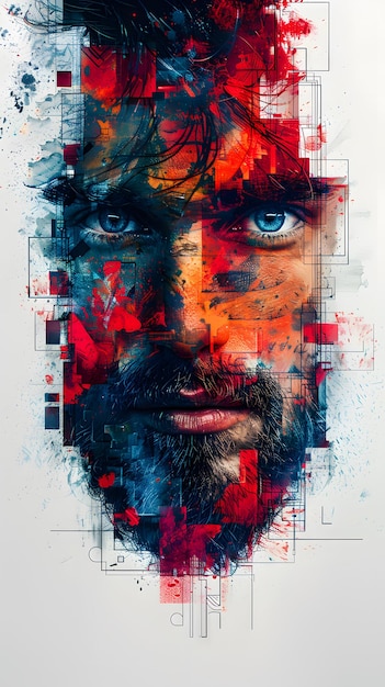 A man39s face is painted in a colorful abstract style