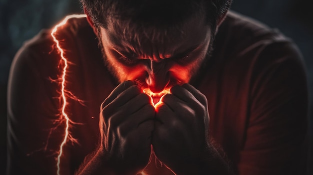 A Man39s Hands Clasped Together Glowing with Red Light