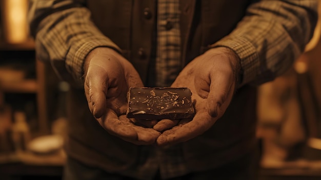 Photo a man39s hands offering a square of dark chocolate with gold flakes