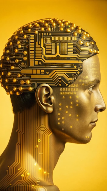 A man39s head is covered in electronic circuitry