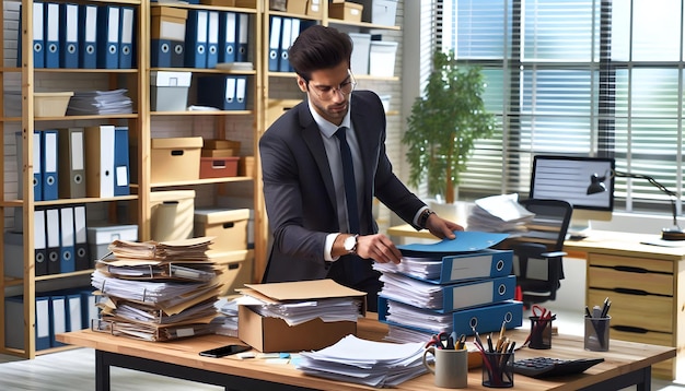 Manager candidly organizing files in a cluttered office concept as A candid shot of a manager organi