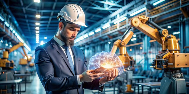 Photo manager engineer holding brain of ai artificial intelligence in hand and control automation robot arms machine in intelligent factory industrial