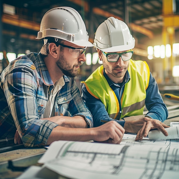 Photo manager and engineer reviewing blueprints in steel factory