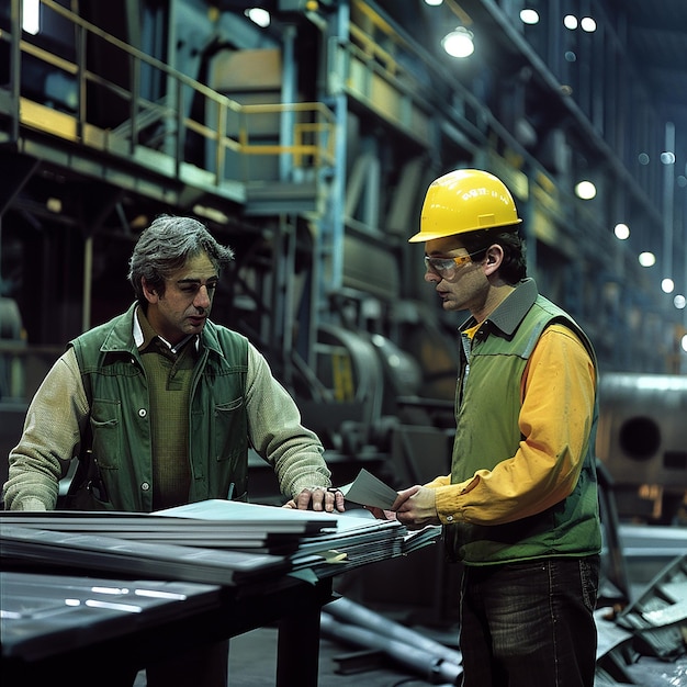 Photo manager and engineer reviewing blueprints in steel factory