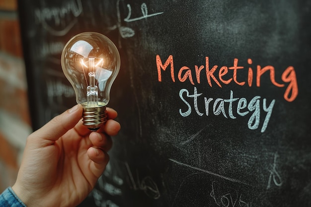 Manager holding light bulb in front of marketing strategy chalkboard