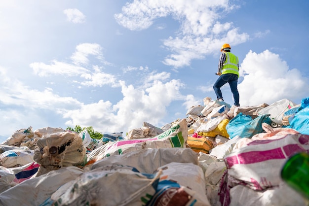 A manager holds a tablet on top of a pile of recycling bottles at recycling plant Recycle waste business concept Recycle waste