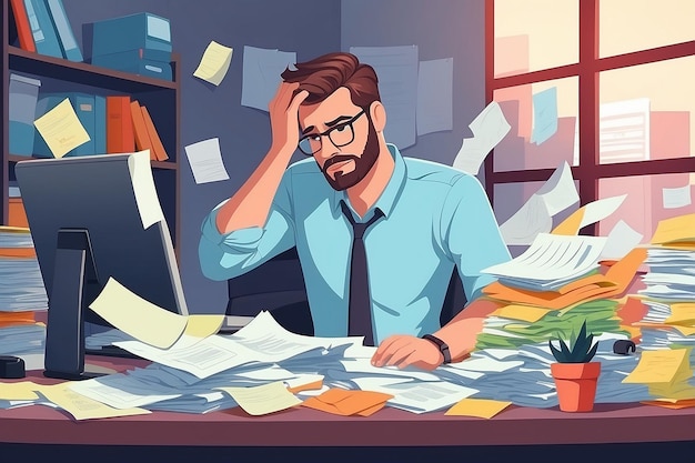 Manager sitting at computer desk with stack of documents in mess and deadline tasks sticky notes holding hand on head