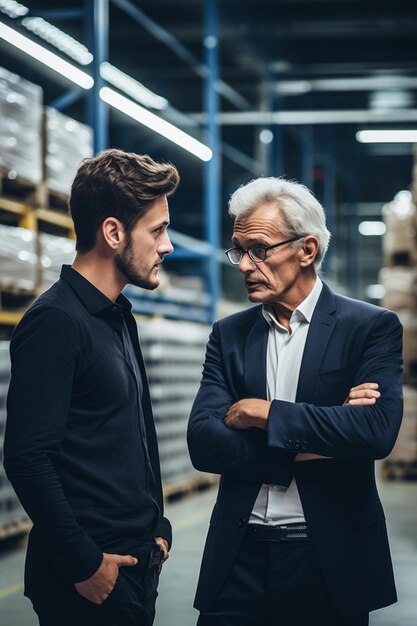 Photo manager with hand on chin discussing with businessman at factory