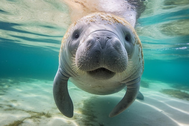 Manatee sniffing the camera face portrait