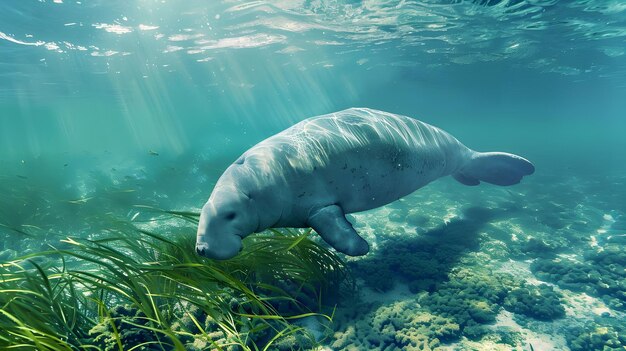 Manatee swimming through seagrass in the ocean