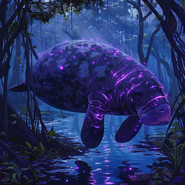 A manatee with neon purple healing aura floating gently in a serene mangrove forest