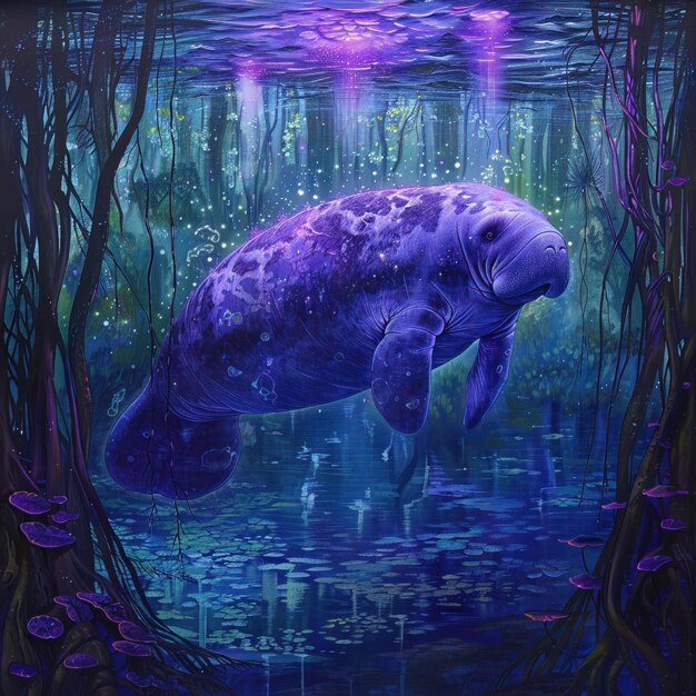 A manatee with neon purple healing aura floating gently in a serene mangrove forest