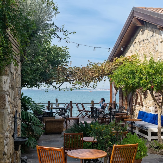 Manavgat, Turkey - November 13, 2021: open-air restaurant by the sea in Side