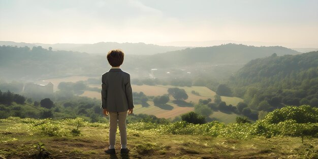 A manchild on hill gazes at view while teacher guides student Concept Education Learning Nature Mentorship Growth