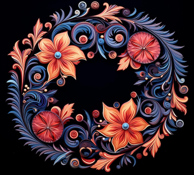 Photo mandala art floral wreath in the shape of a circle on a dark surface