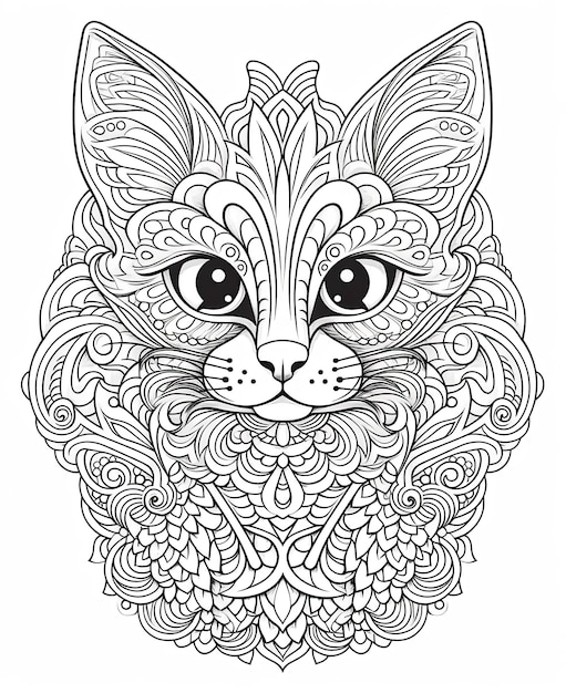 Photo mandala black and white illustration for coloring animals cat selective soft focus