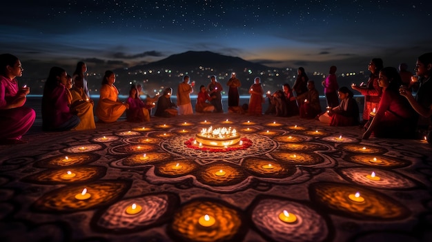 mandala of candles and fire at night for diwali