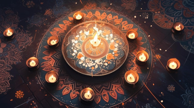 mandala of candles and fire at night for diwali