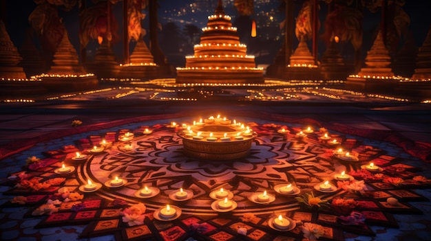 mandala of candles and fire at night for diwali