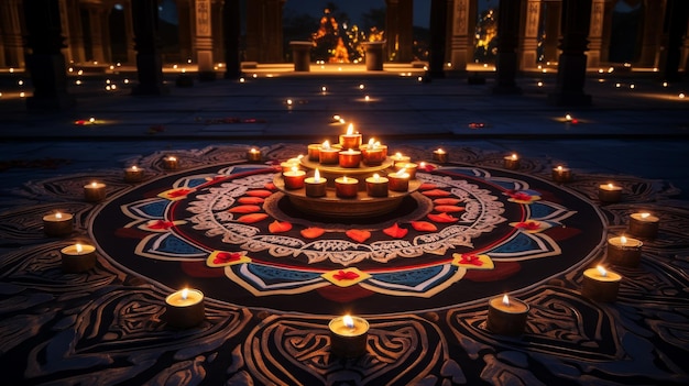 mandala of candles and fire at night for diwali