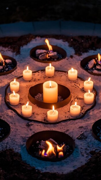 Mandala of candles and fire at night for diwali