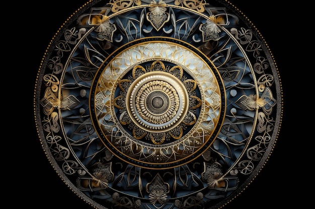 Mandala depicting sacred geometry with gold and silver metallic accents