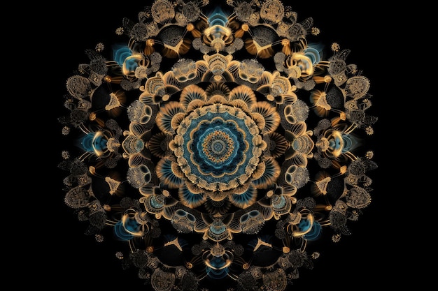 Mandala of fractal patterns and shapes on black background