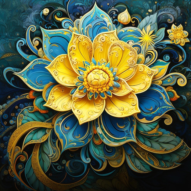 Mandala vivid colors of yellow and blue on a floral Background