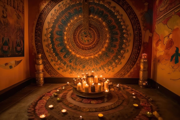 Mandala on the wall of temple surrounded by candles and incense